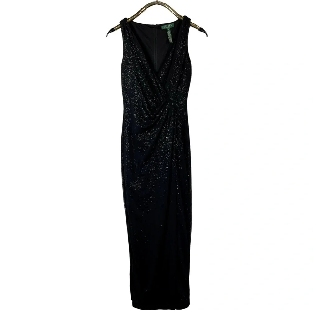 LAUREN RALPH LAUREN EVENING CASCADE SEQUIN COLUMN FAUX WRAP SHEATH GOWN DRESS
